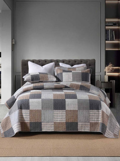 Grey Brown Plaid Patchwork Quilted 3‑Piece Bedding Set