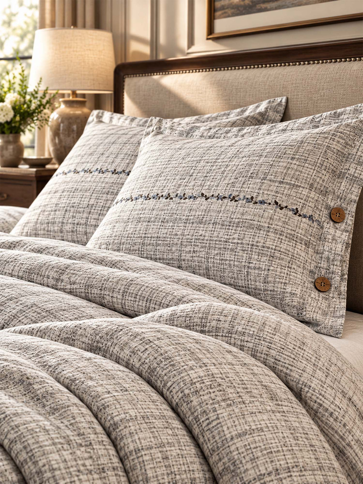 Vintage Botanical Leaf Linen 4-Piece Duvet Cover Bedding Set