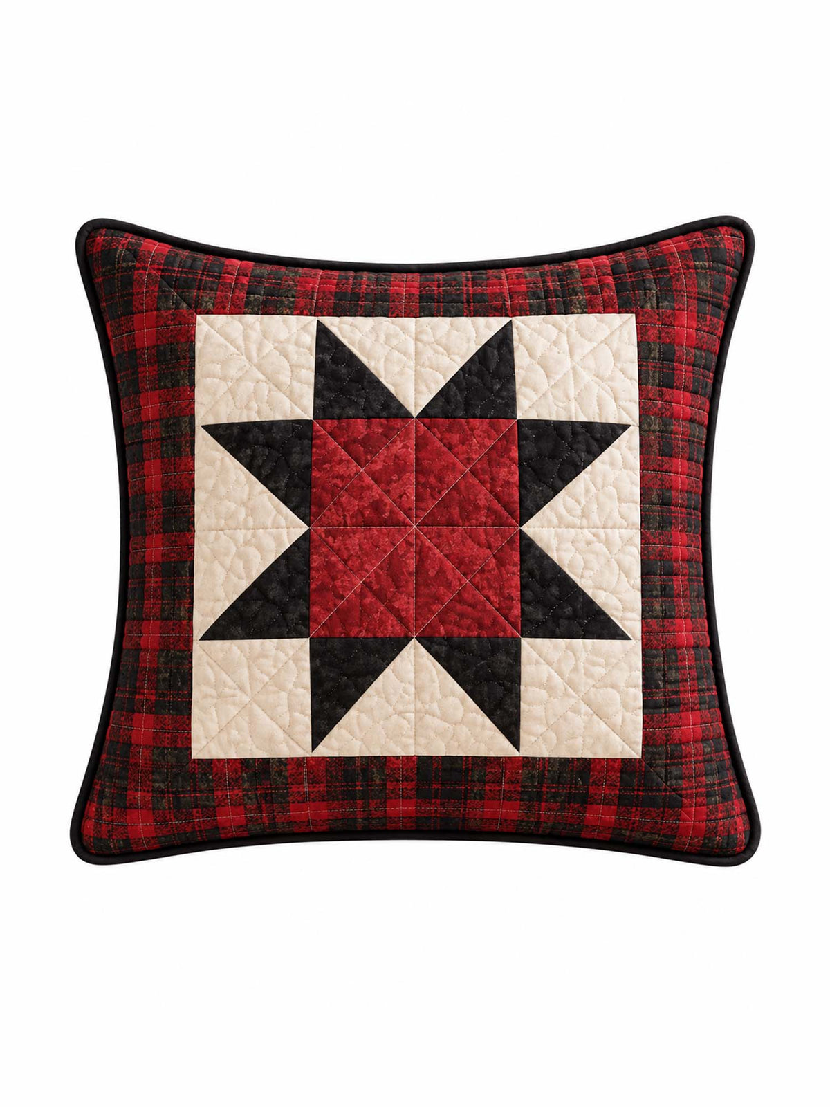 Vintage Christmas Red & Black Star Plaid Quilted Pillow Cover