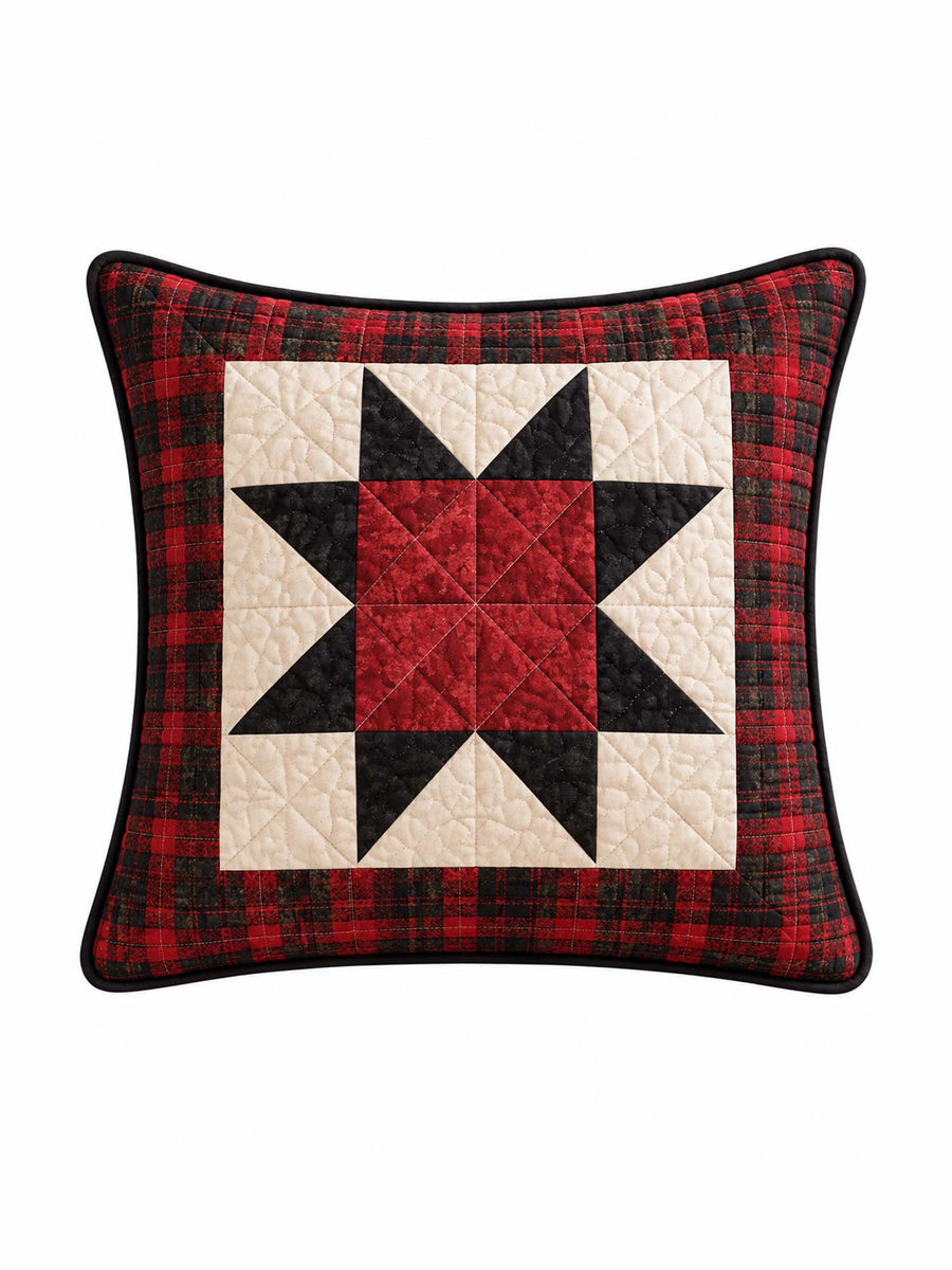 Vintage Christmas Red & Black Star Plaid Quilted Pillow Cover