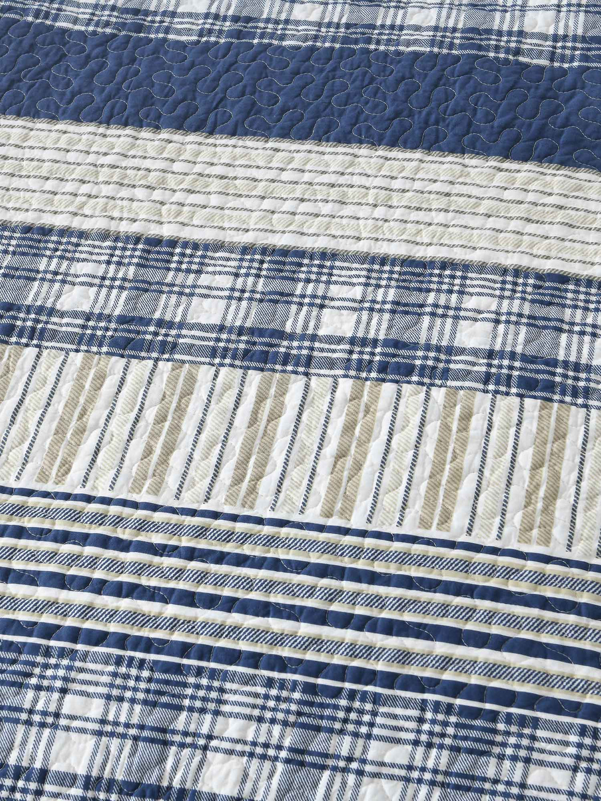 Blue Grey Buffalo Check Patchwork Quilted 3‑Piece Bedding Set