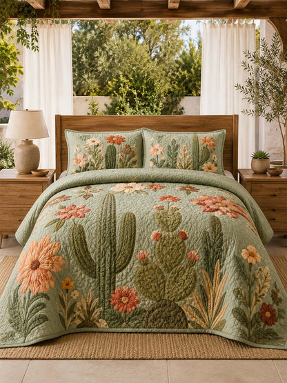 H.PAI Cactus Garden Floral Quilted 3-Piece Bedding Set