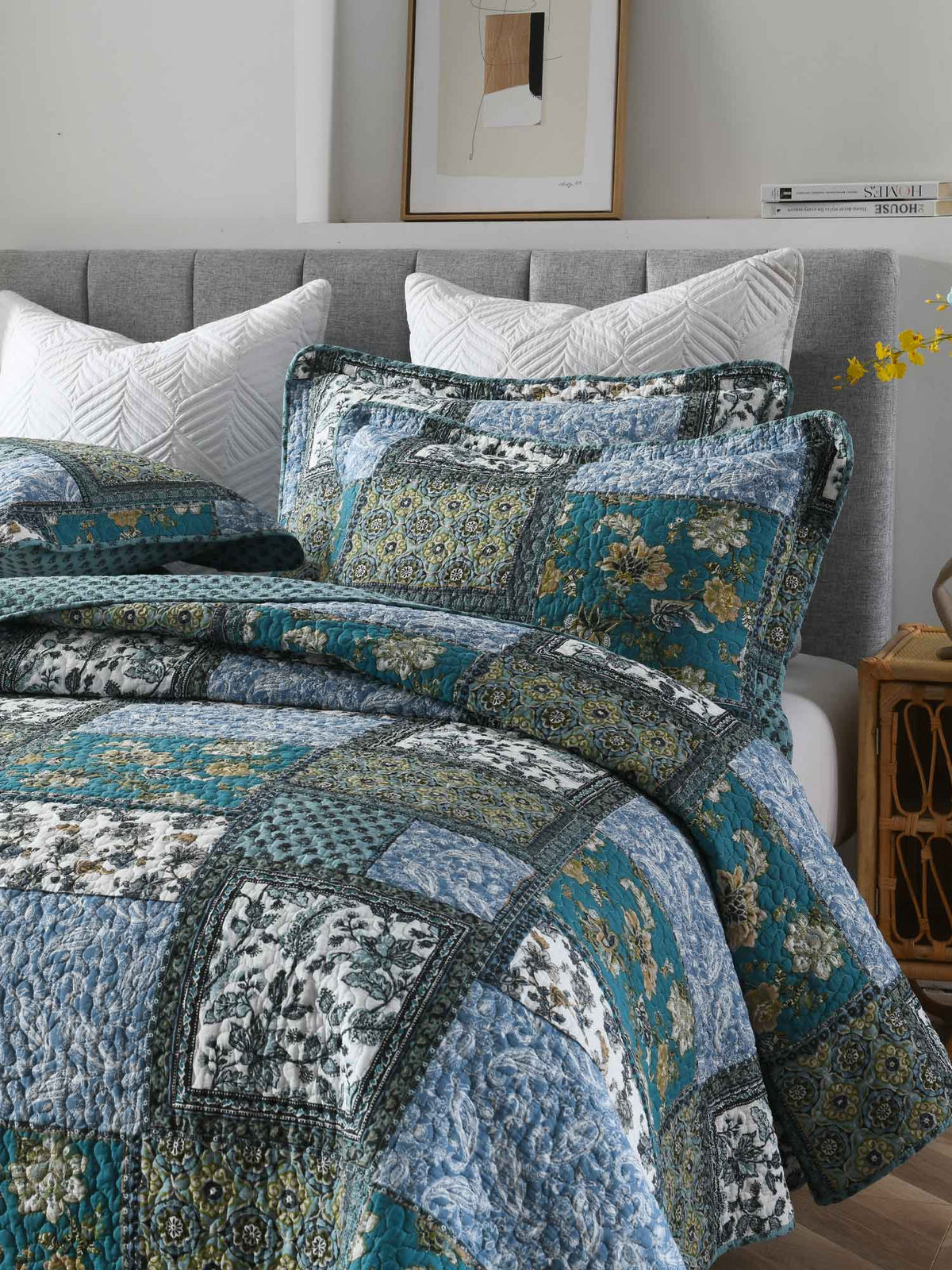 Teal Blue Floral Block Patchwork Quilted 3‑Piece Bedding Set