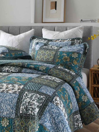 Teal Blue Floral Block Patchwork Quilted 3‑Piece Bedding Set