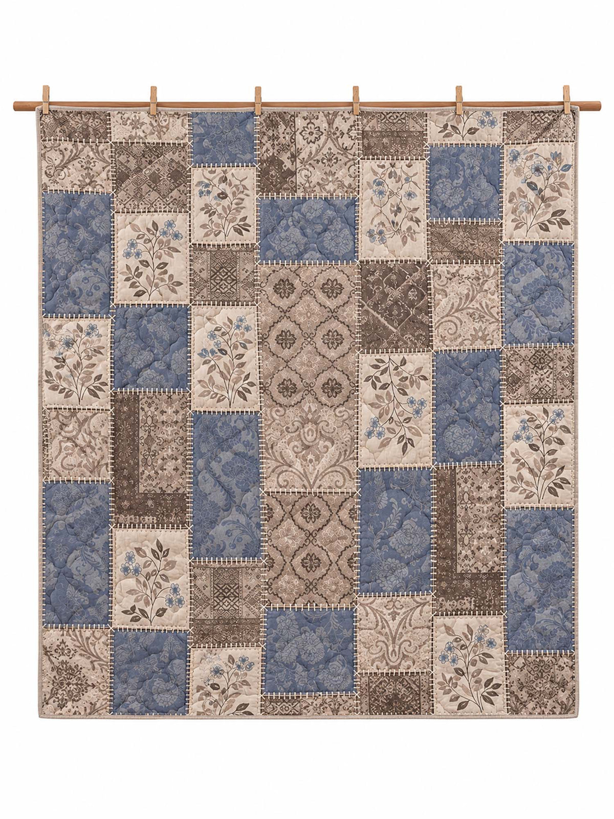Vintage Blue Botanical Patchwork Quilted 3-Piece Bedding Set