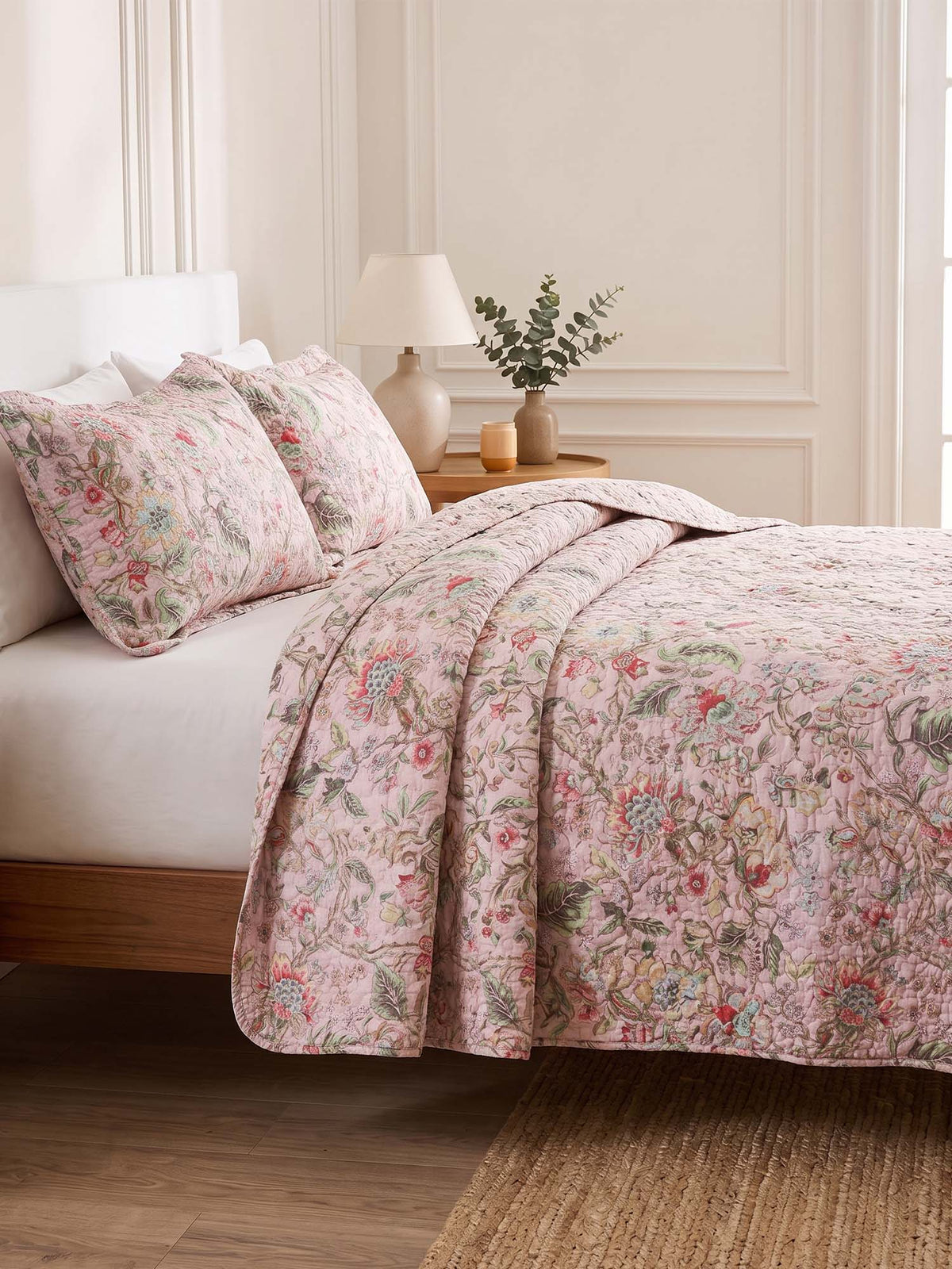 Soft Pink Country Botanical Floral Print Quilted 3‑Piece Bedding Set
