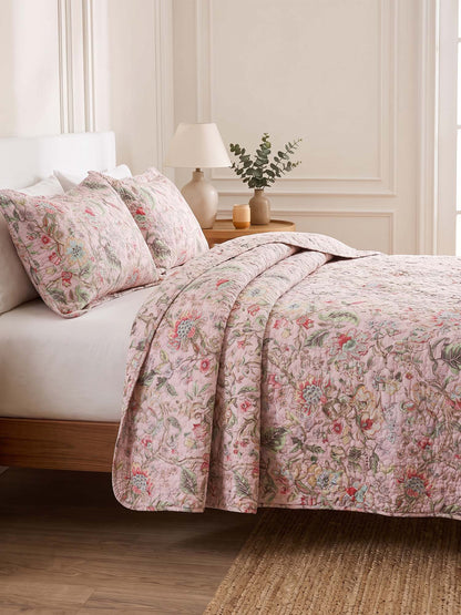Soft Pink Country Botanical Floral Print Quilted 3‑Piece Bedding Set