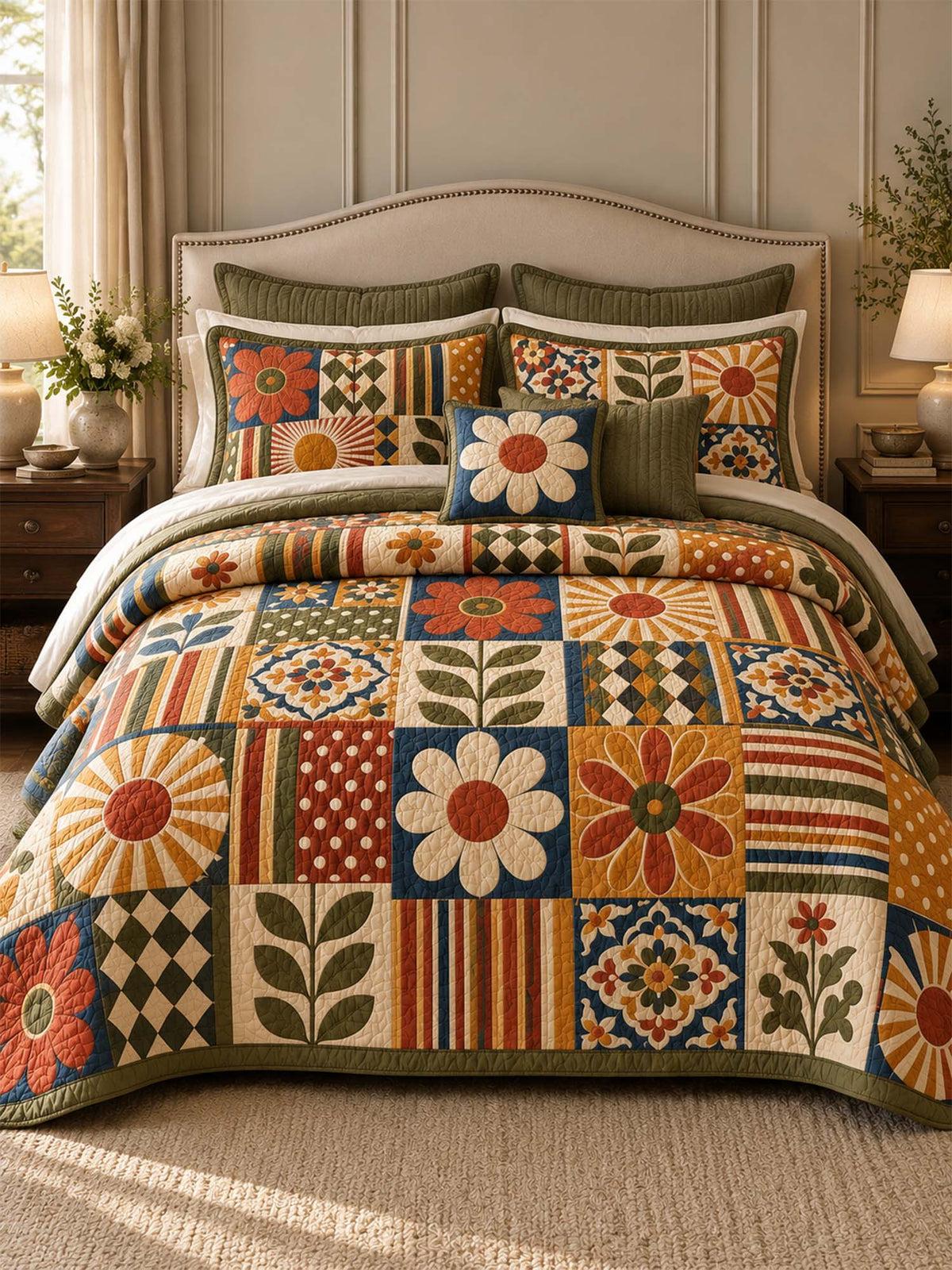 Retro Floral Geometric Patchwork Quilted 3-Piece Bedding Set