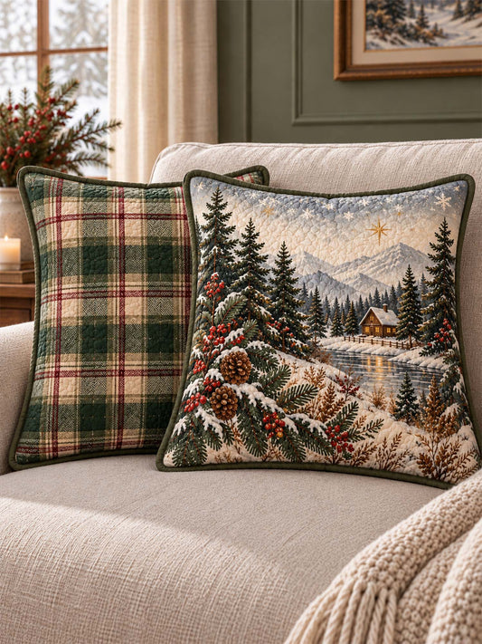 Winter Cabin & Plaid Christmas Quilted Pillow Covers 2-Piece Set