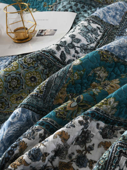 Teal Blue Floral Block Patchwork Quilted 3‑Piece Bedding Set