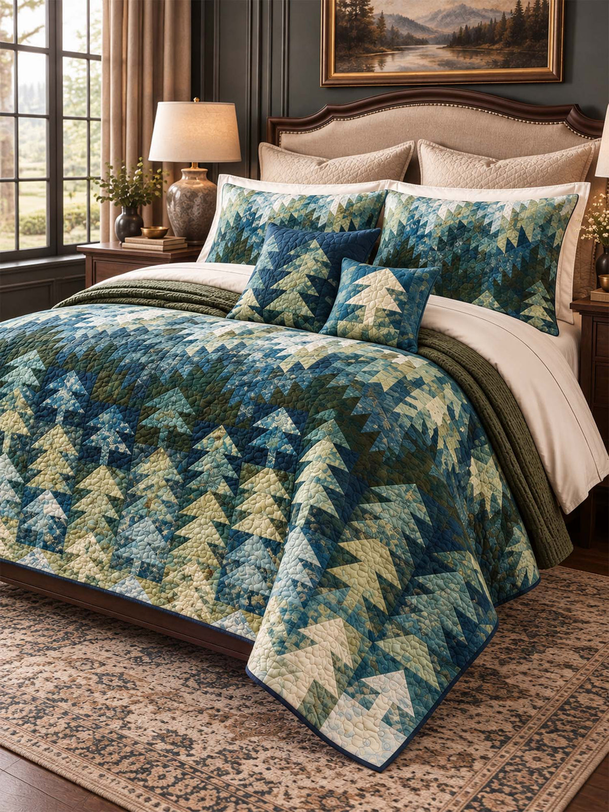 Rustic Pine Forest Blue Green Patchwork Quilted 3-Piece Bedding Set