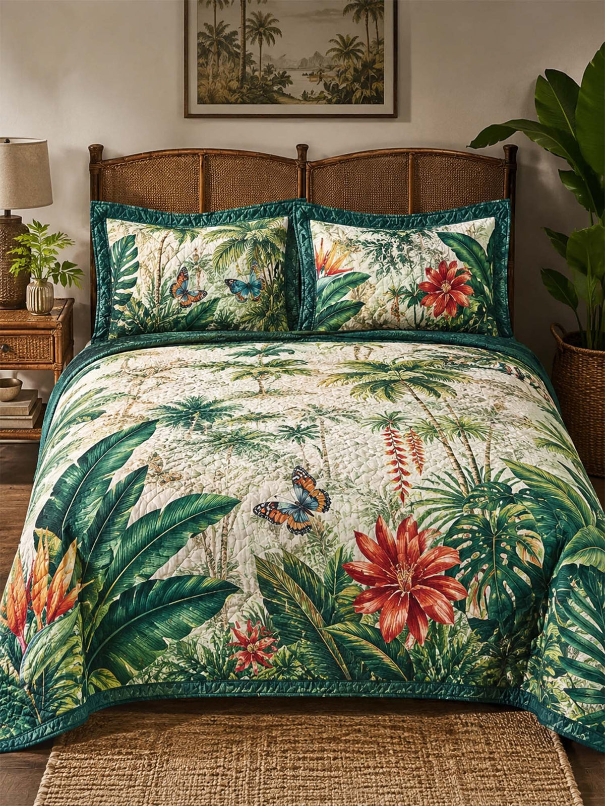H.PAI Tropical Botanical Quilted 3-Piece Bedding Set