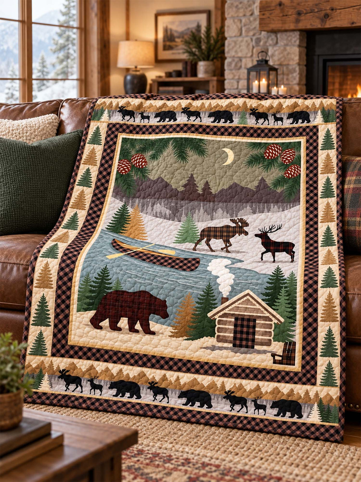 Woodland Bear and Moose Patchwork Quilted 3-Piece Bedding Set