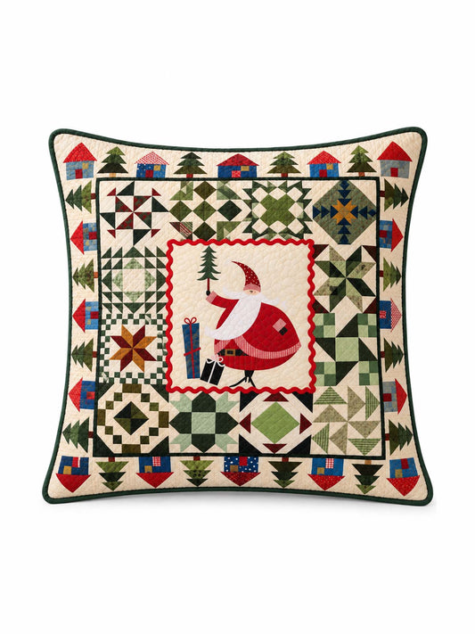Woodland Santa Christmas Village Quilted Pillow Cover