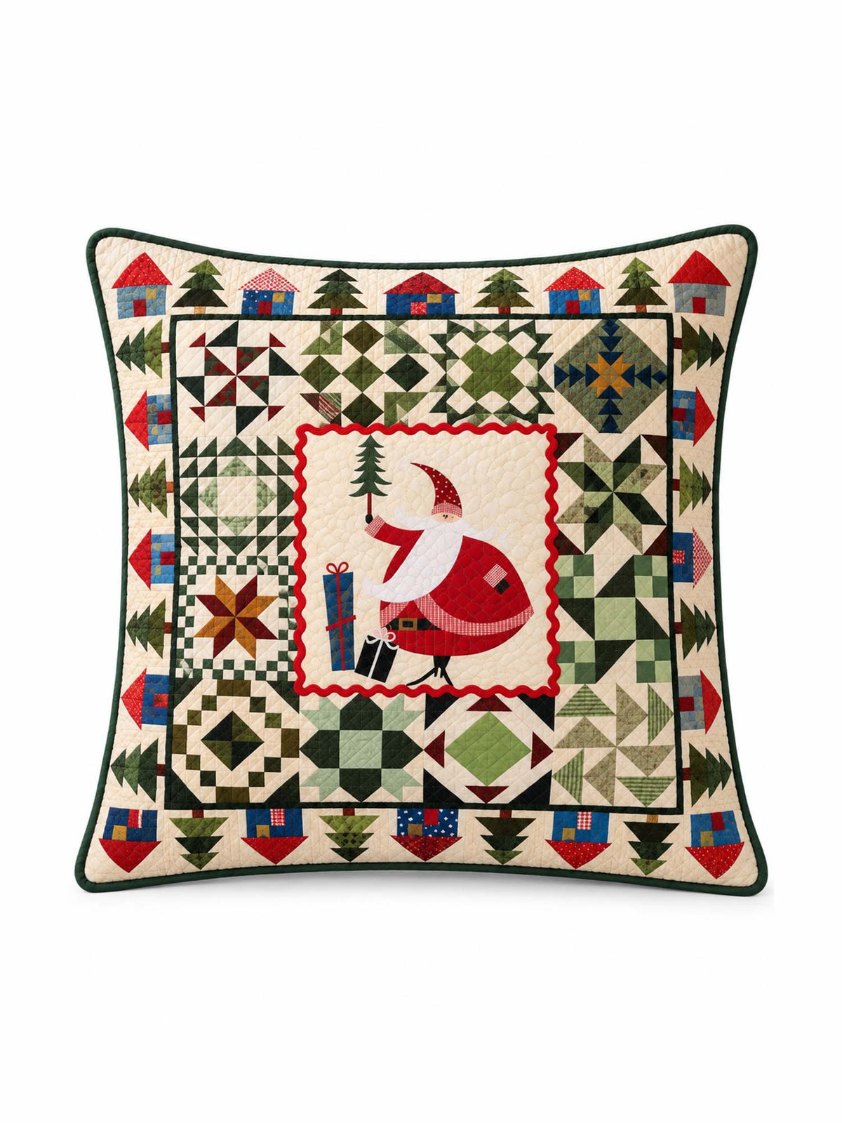 Woodland Santa Christmas Village Quilted Pillow Cover