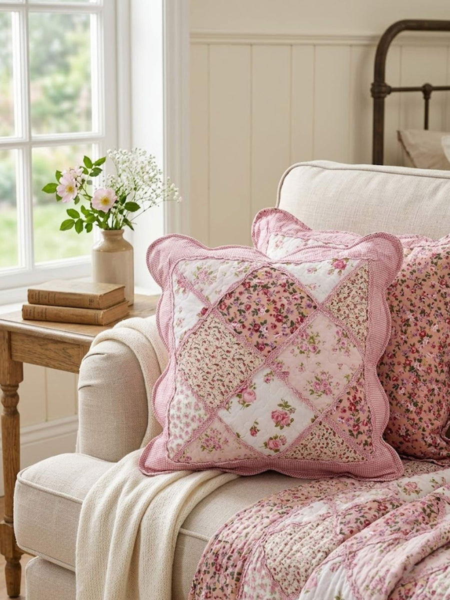 Vintage Floral Patchwork Cotton Quilted Pillow Cover