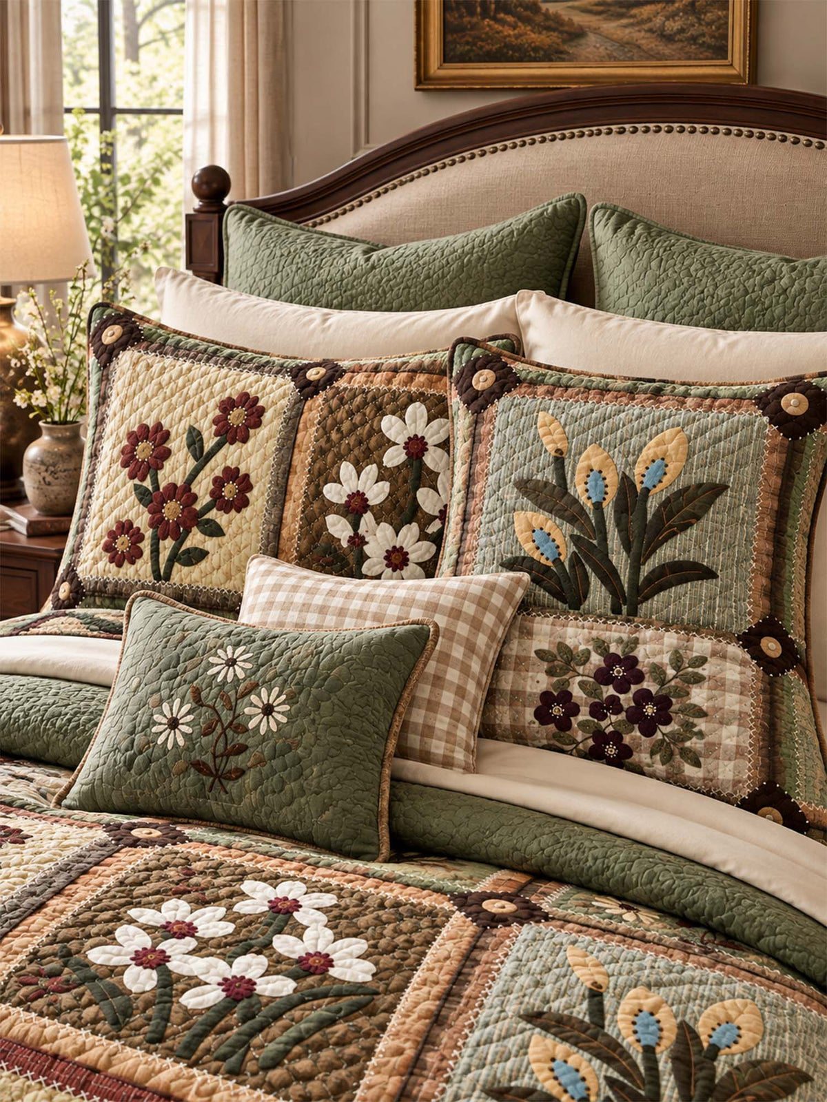 Vintage Folk Floral Patchwork Quilted 3-Piece Bedding Set