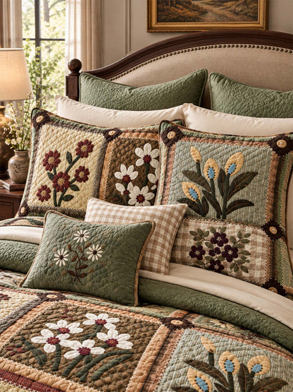 Vintage Folk Floral Patchwork Quilted 3-Piece Bedding Set