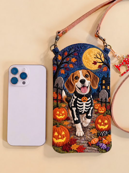 Smalle gewatteerde telefoonhoes – Beagle in skelettenkostuum voor Halloween