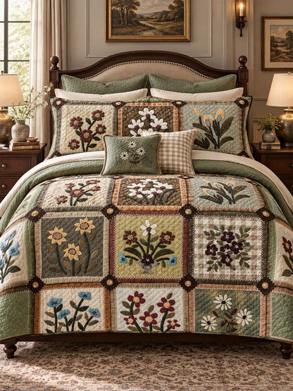 Vintage Folk Floral Patchwork Quilted 3-Piece Bedding Set