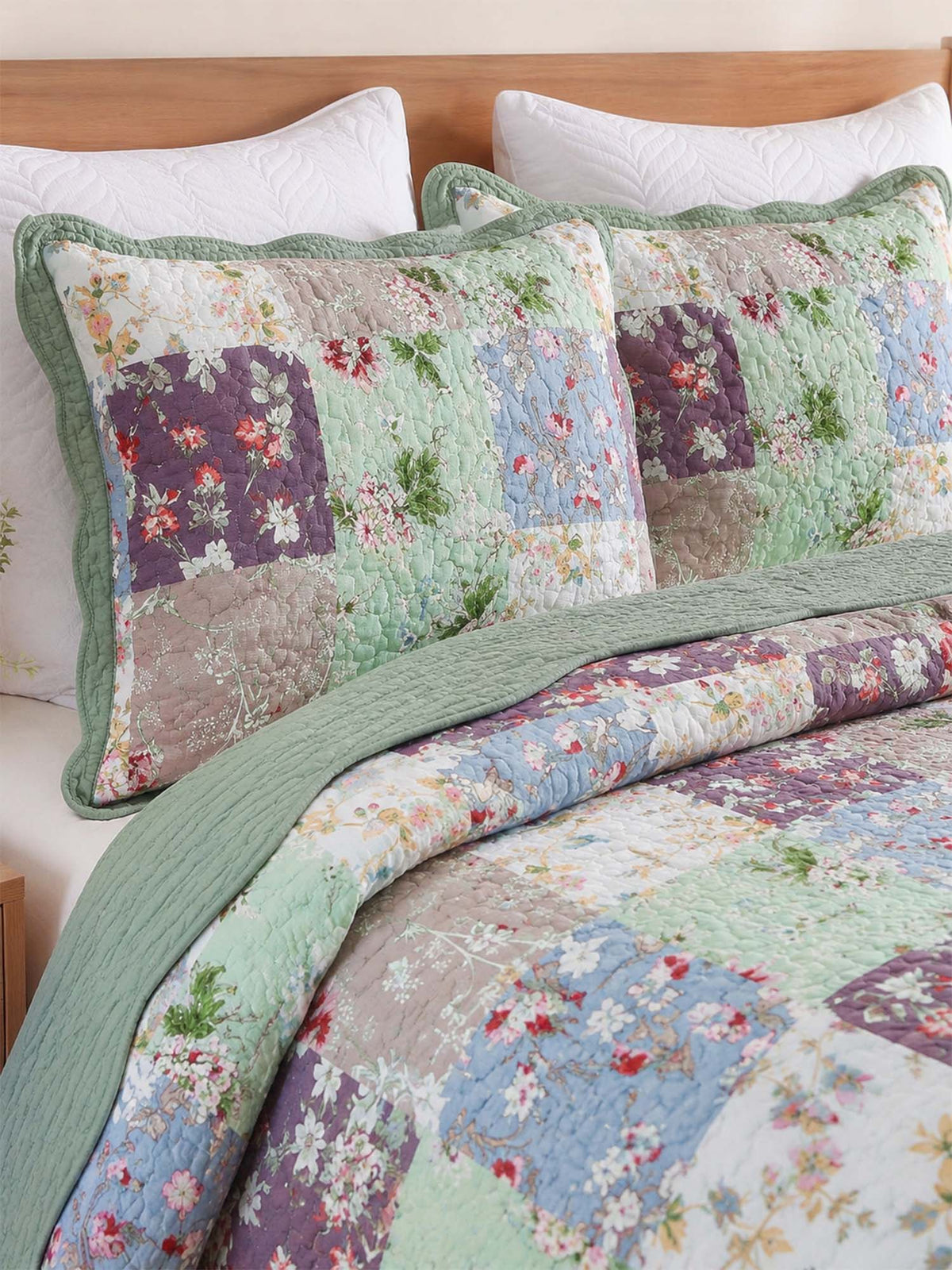 Sage Floral Patchwork Quilted 3-Piece Bedding Set