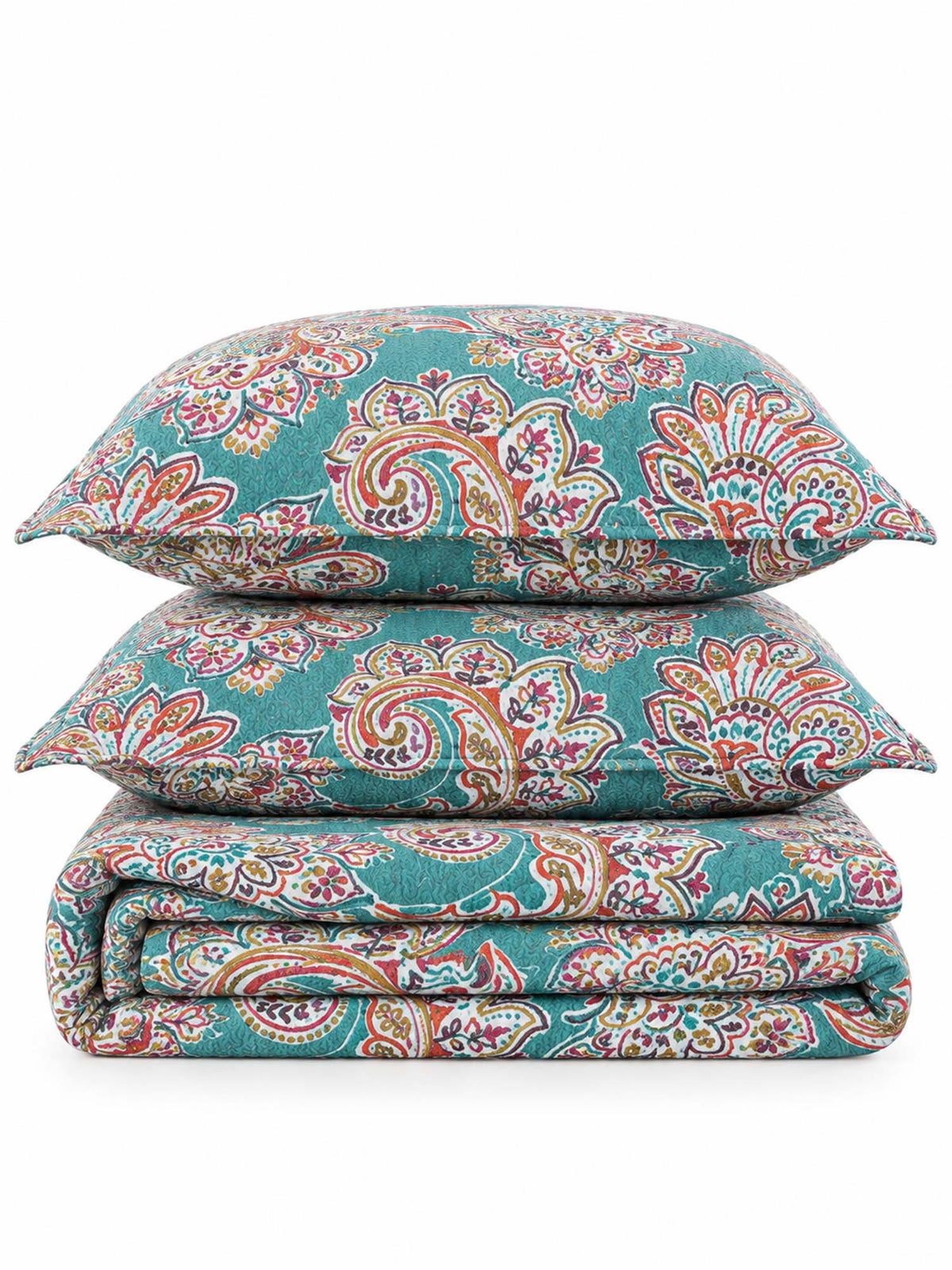 Turquoise Paisley Boho 100% Cotton Quilted Bedding Set