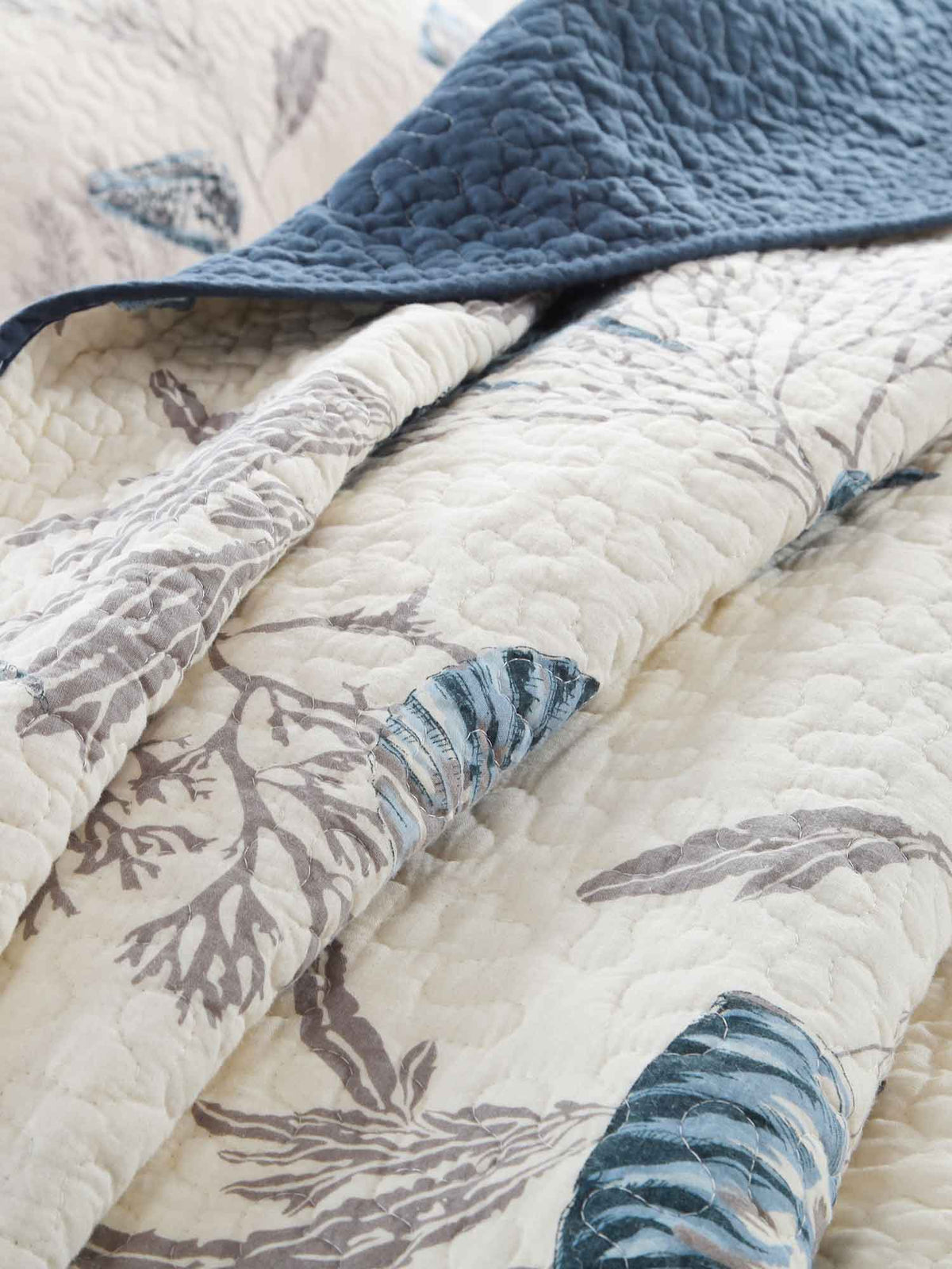 Coastal Sea Shell Coral Print Quilted 3‑Piece Bedding Set