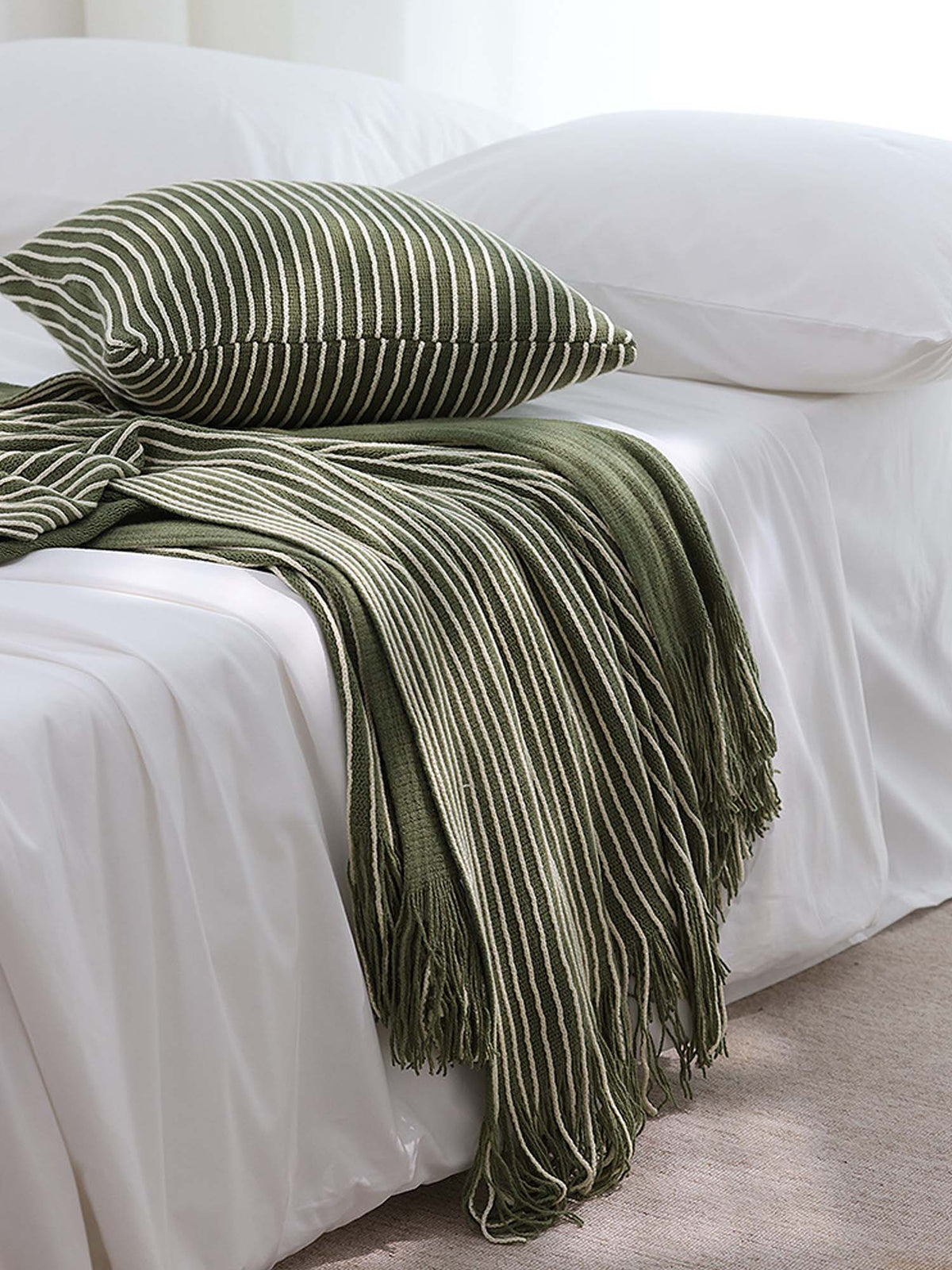 Classic Stripe Knitted Throw Blanket & Pillow Cover Set