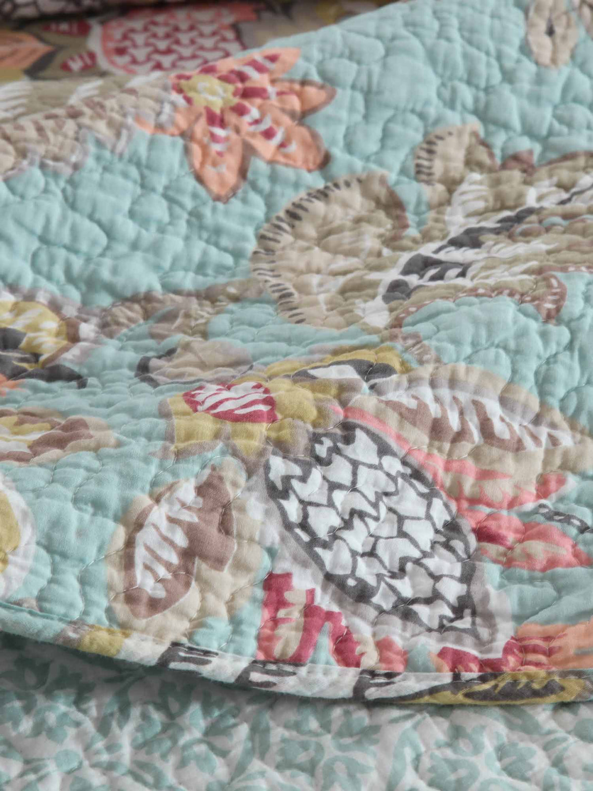 Teal Blue Vintage Garden Harvest Floral Patchwork Quilted 3‑Piece Bedding Set