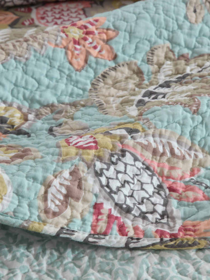 Teal Blue Vintage Garden Harvest Floral Patchwork Quilted 3‑Piece Bedding Set