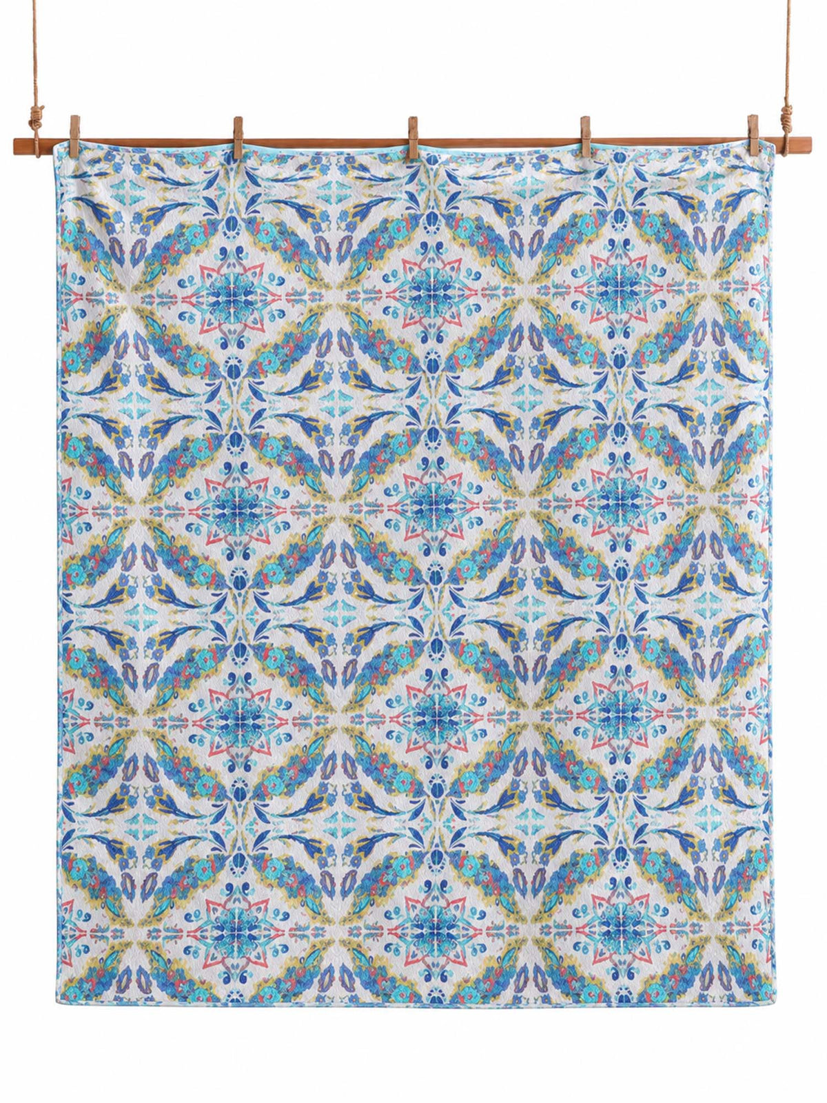 Pastel Blue Botanical Medallion Reversible 100% Cotton Quilted Bedding Set