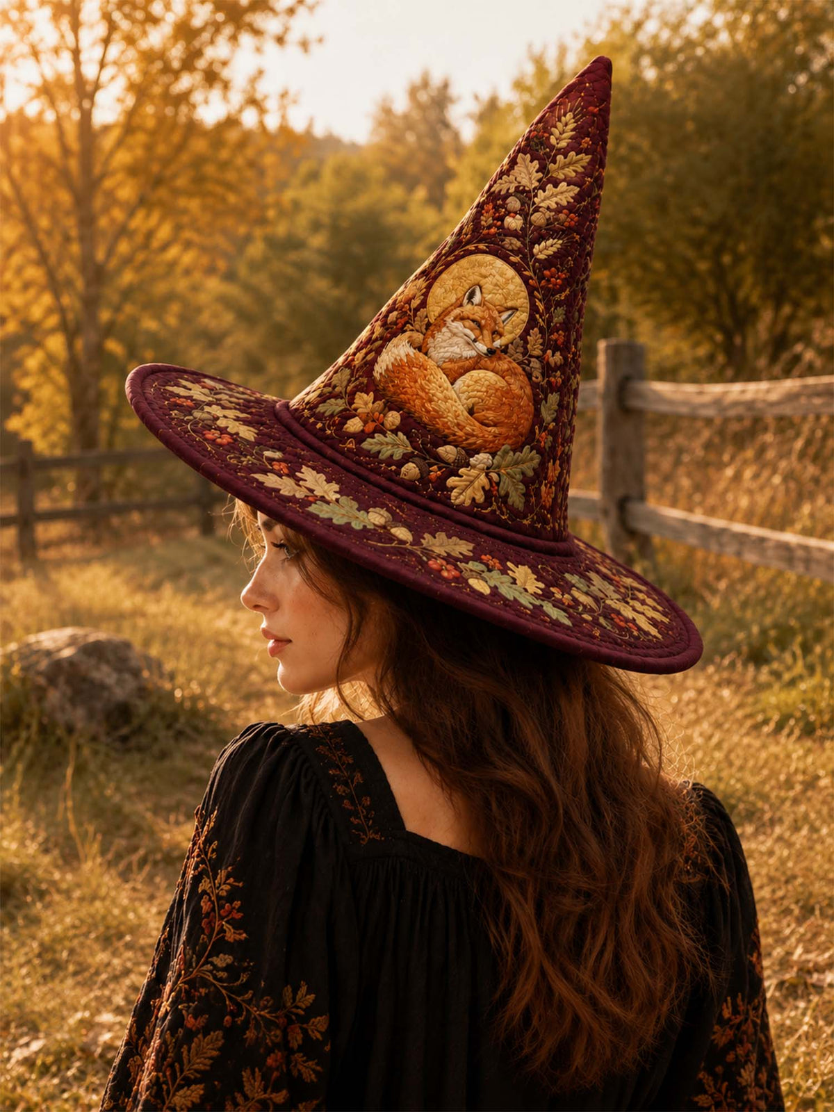H.PAI Autumn Fox Woodland Cottage Handcrafted Quilted Witch Hat