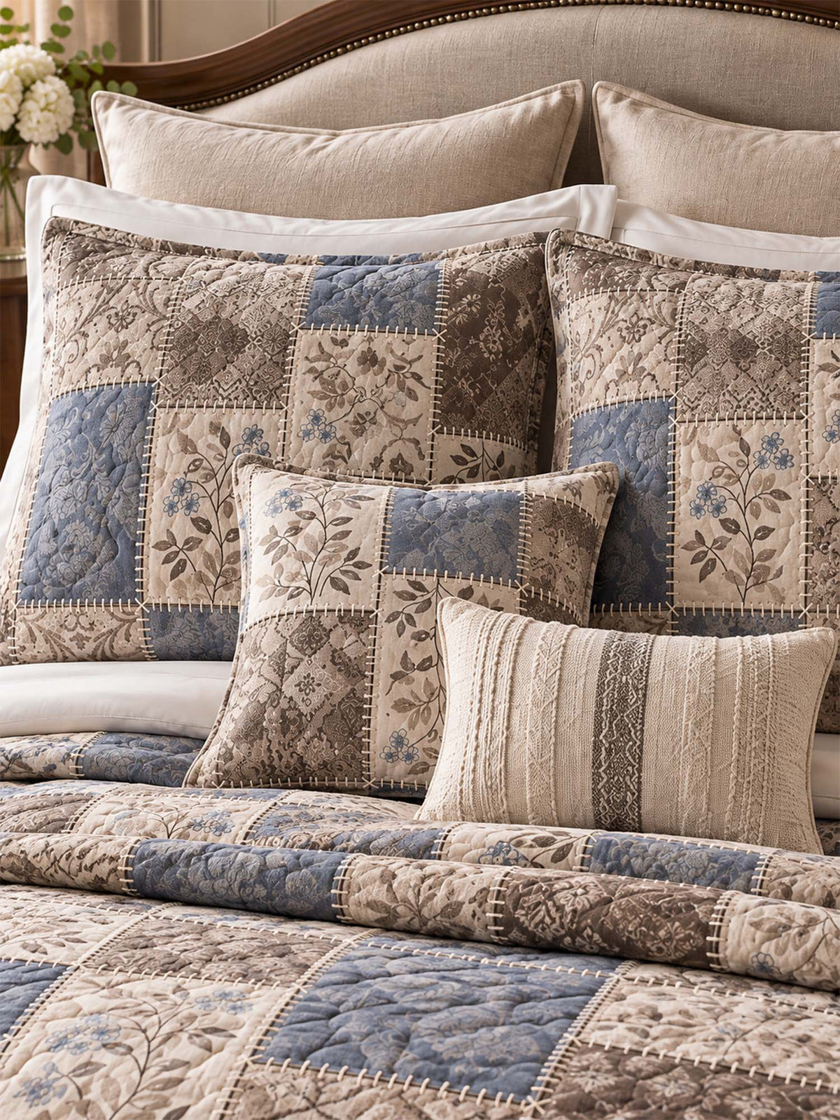 Vintage Blue Botanical Patchwork Quilted 3-Piece Bedding Set