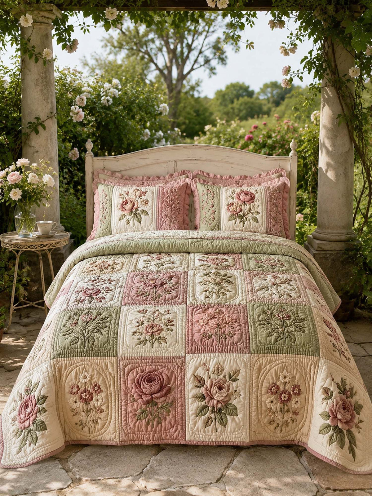 Vintage Rose Floral Quilted 3-Piece Bedding Set