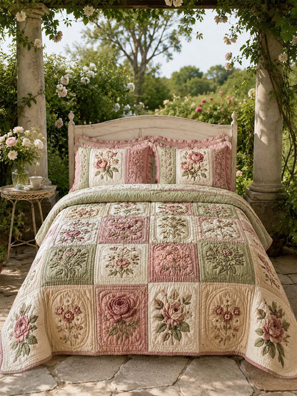 Vintage Rose Floral Quilted 3-Piece Bedding Set