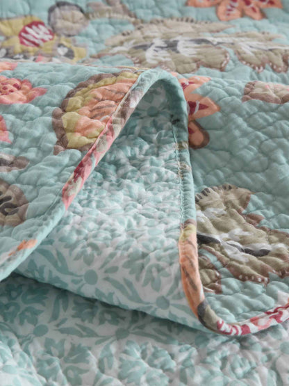 Teal Blue Vintage Garden Harvest Floral Patchwork Quilted 3‑Piece Bedding Set