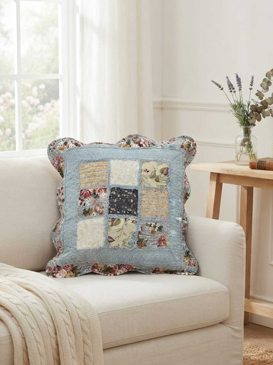 Light Blue Vintage Floral Patchwork Quilted Pillow Cover