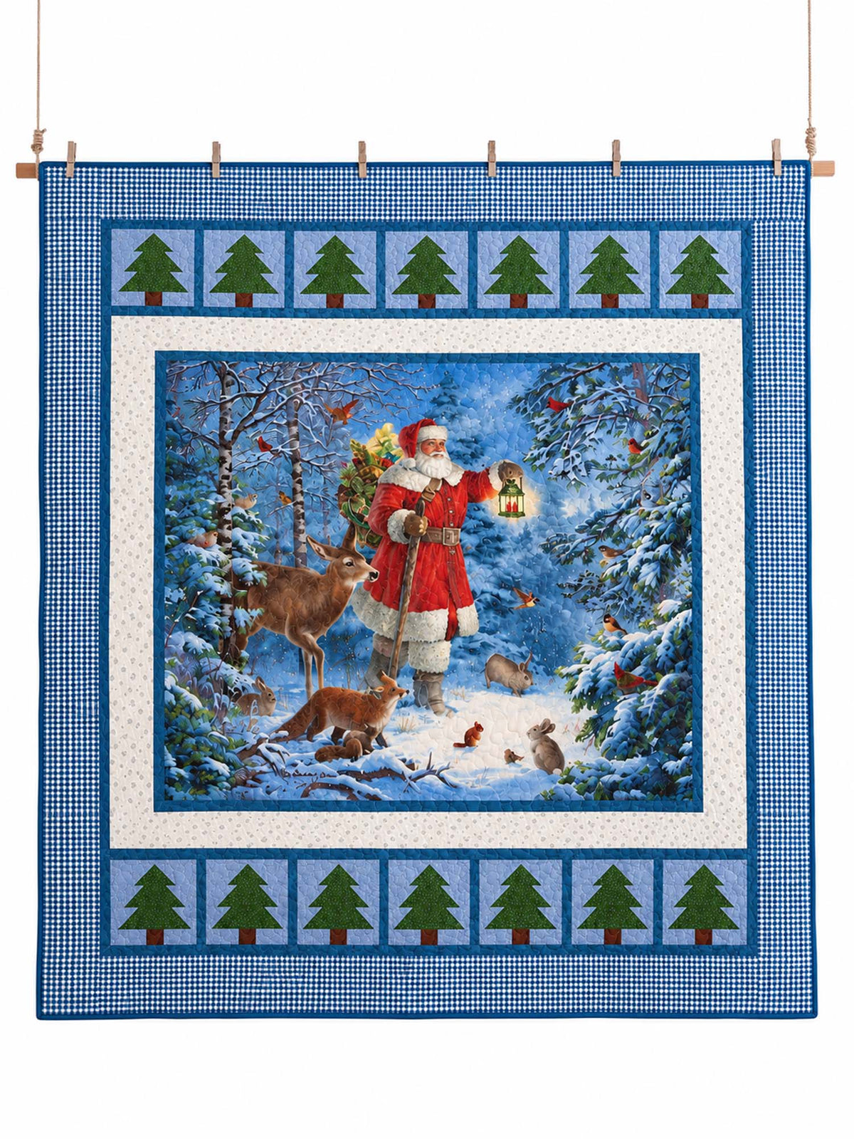 Santa's Winter Woodland Blue Gingham Quilted Blanket