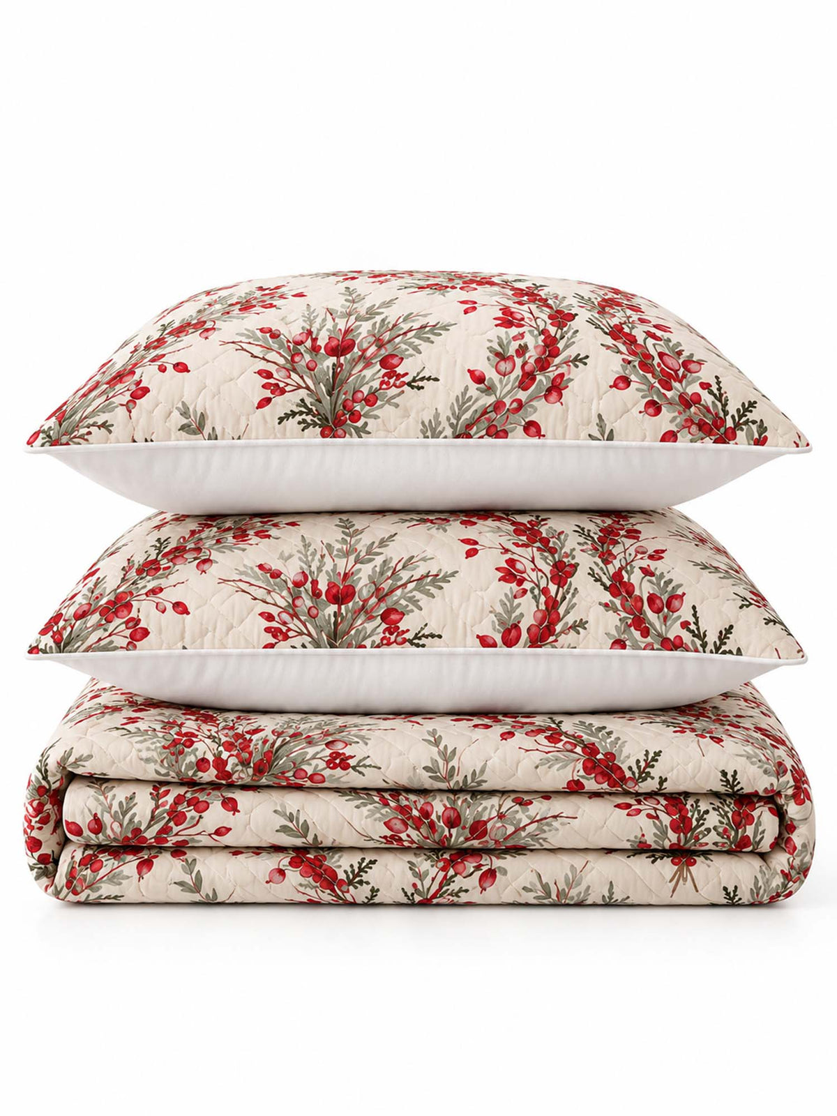 Christmas Berry Botanical Quilted 3-Piece Bedding Set