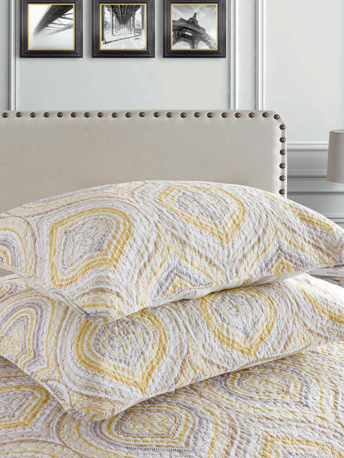 Yellow Grey Geometric Ogee Pattern Quilted 3‑Piece Bedding Set