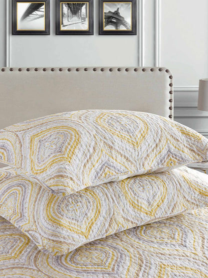 Yellow Grey Geometric Ogee Pattern Quilted 3‑Piece Bedding Set