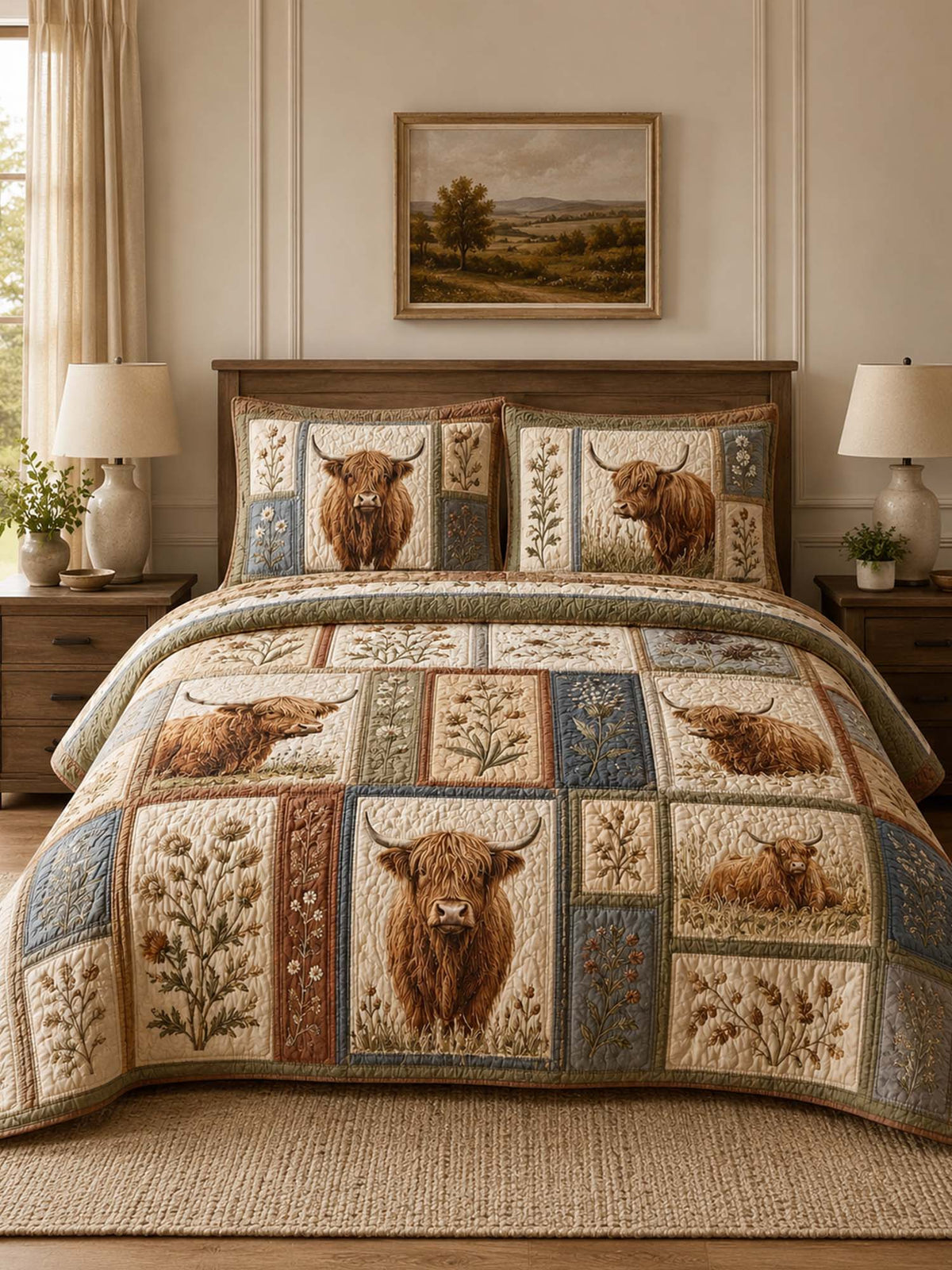 Highland Cow Quilted 3-Piece Bedding Set