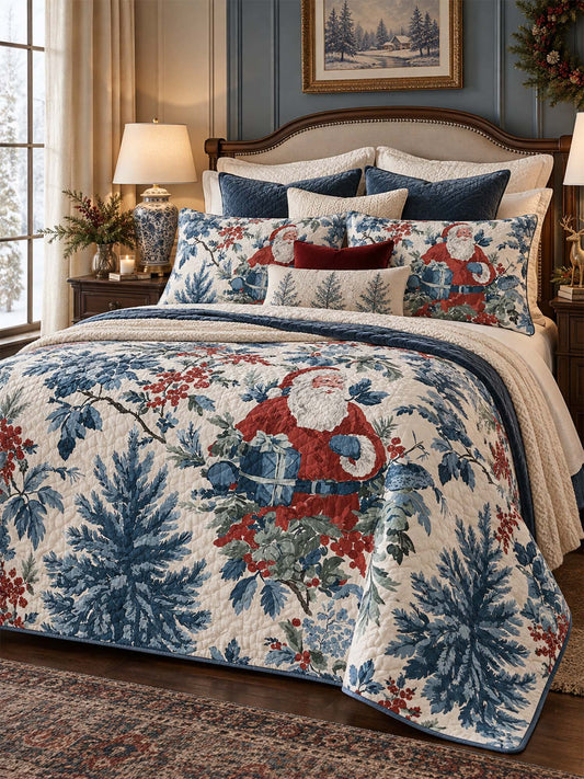 Vintage Blue Santa Christmas Quilted 3-Piece Bedding Set