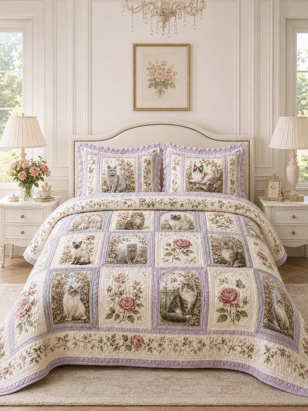 H.PAI Vintage Rose Cat Garden Quilted 3-Piece Bedding Set