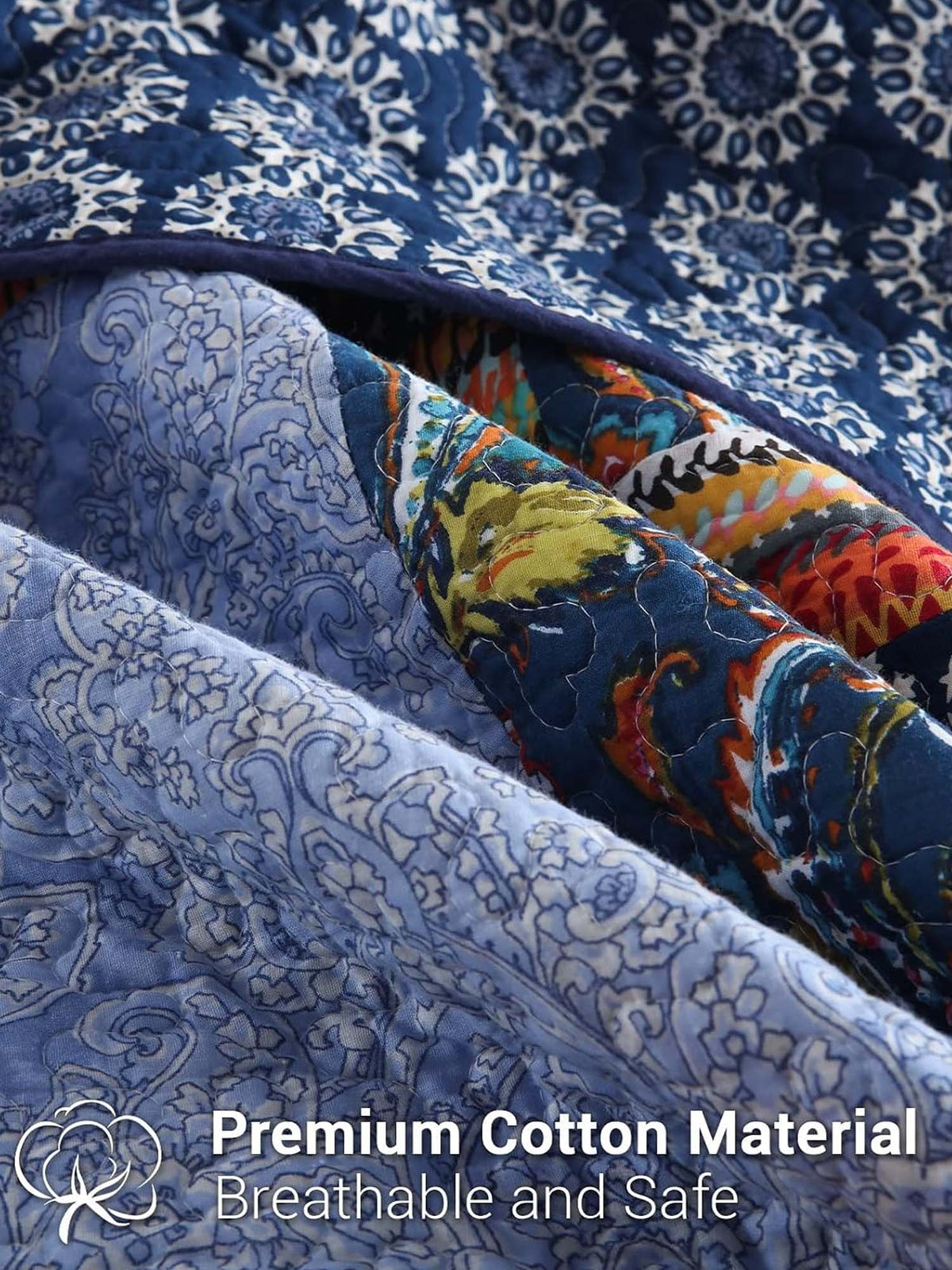 Indigo Paisley Patchwork Quilted 3-Piece Bedding Set