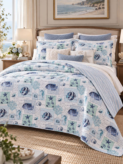 Coastal Marine Life Reversible 100% Cotton Quilted 3-Piece Bedding Set