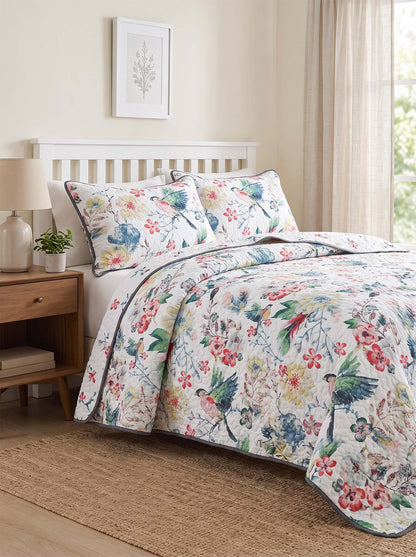 Vintage Bird Floral Garden Print Quilted 3‑Piece Bedding Set