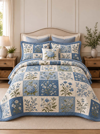 Blue Hydrangea Botanical Patchwork Quilted 3-Piece Bedding Set