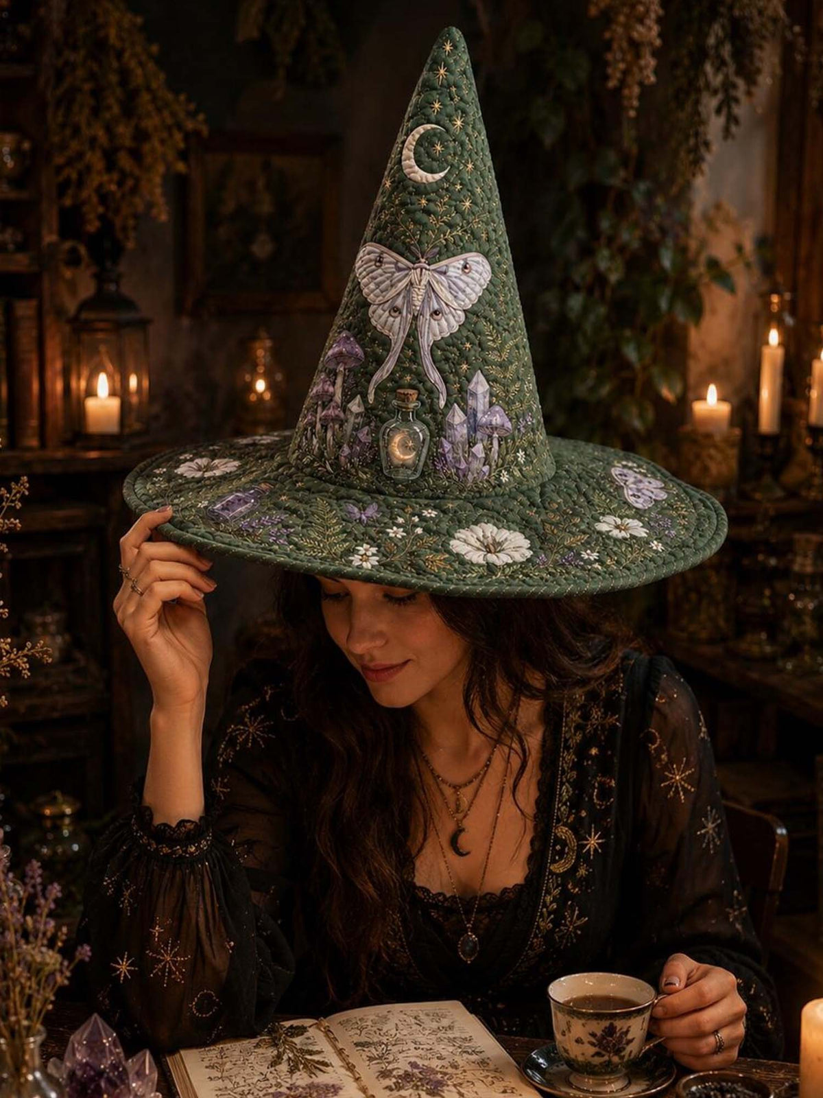 H.PAI Moonlit Butterfly Mystic Garden Quilted Witch Hat