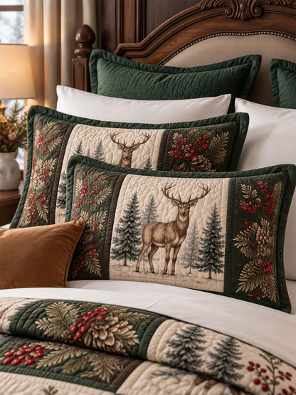 Christmas Deer & Pinecone Forest Quilted 3-Piece Bedding Set